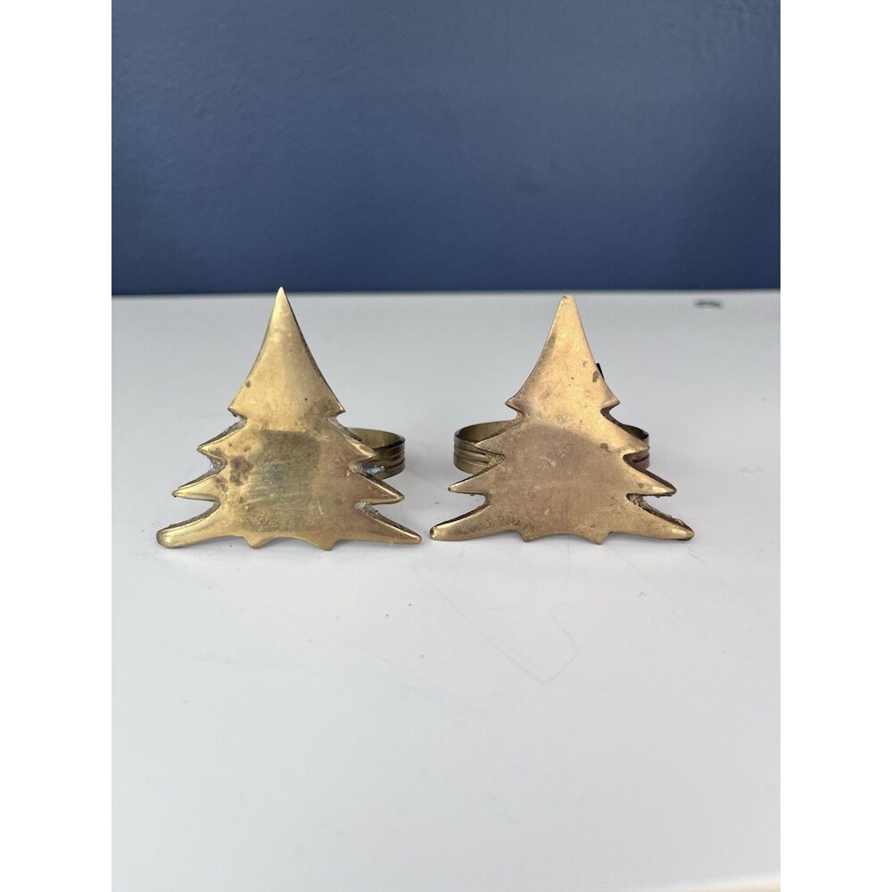 Brass Christmas Tree Napkin Rings Set of 2 Vintage Gold Tone Holiday Table Decor